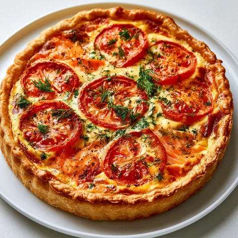 Une part de tarte au saumon et tomates servie sur une assiette.