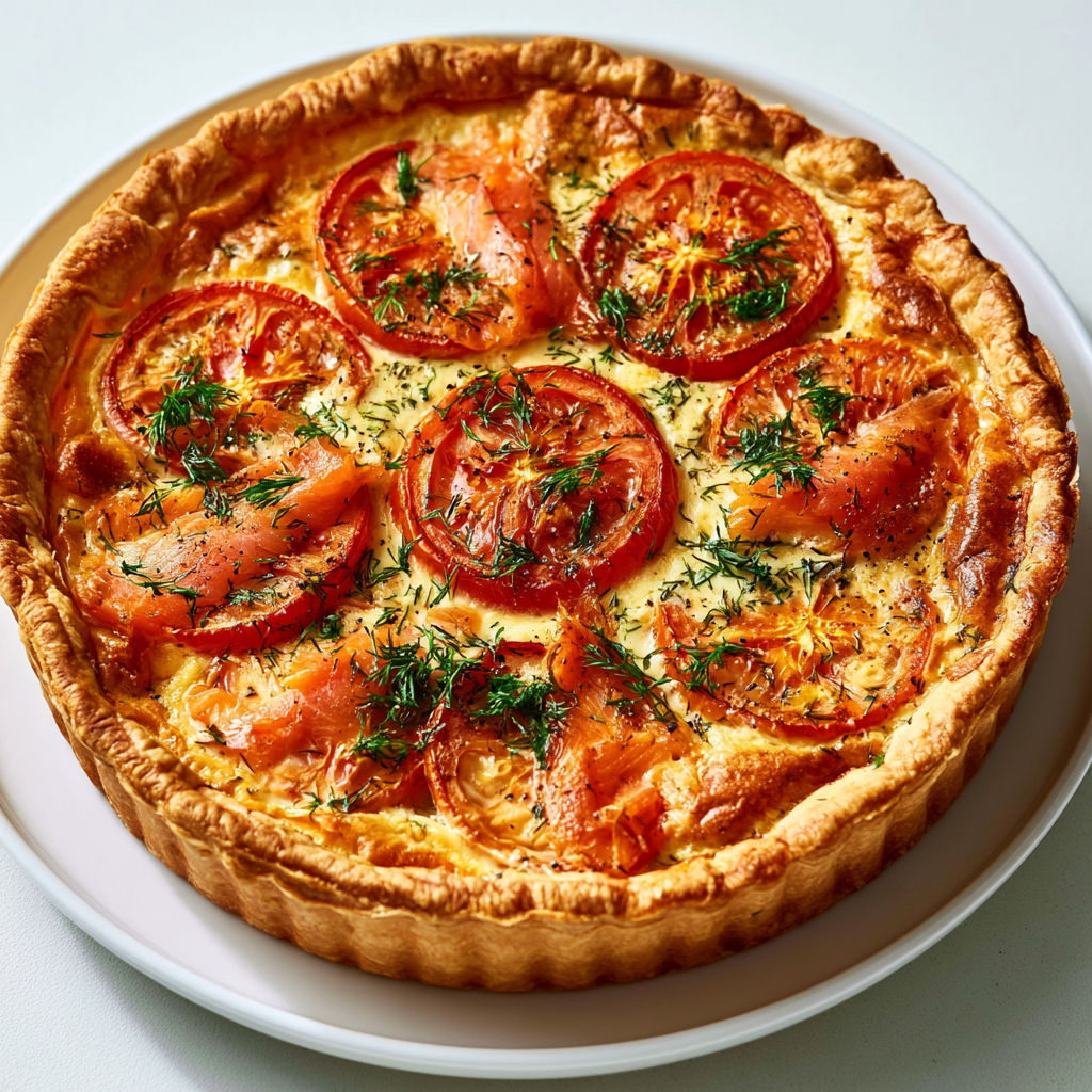 Délicieuse tarte au saumon fumé avec tomates et appareil crémeux à l’aneth.