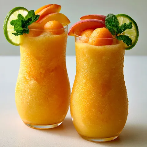 Deux verres remplis du mélange frais de melon et pêche sur un plateau.