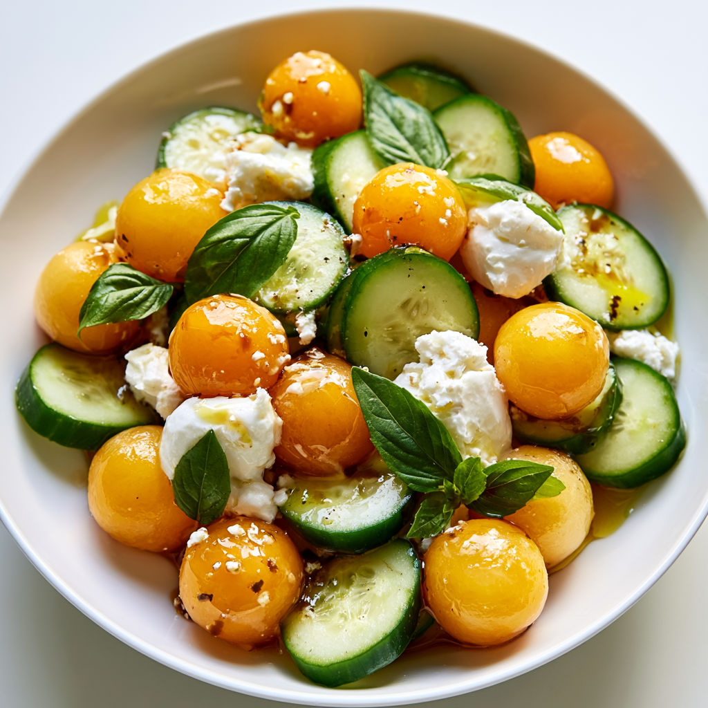 Une composition fraîche à base de melon, concombre et chèvre.