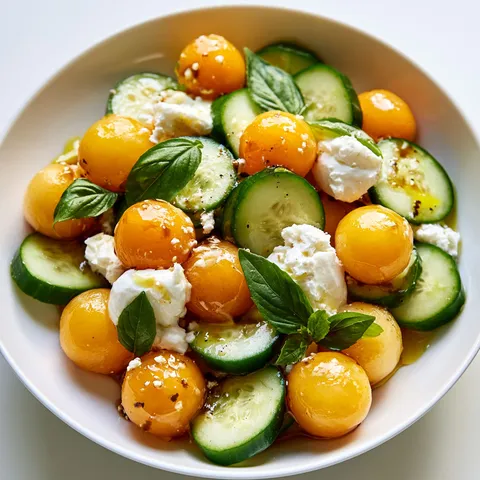 Une composition fraîche à base de melon, concombre et chèvre.