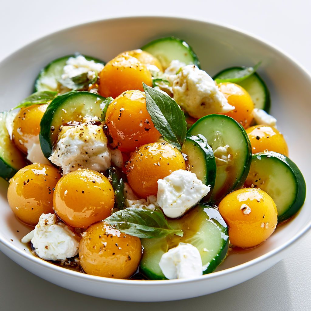 Salade ultra fraîche melon, concombre et chèvre, sauce miel.