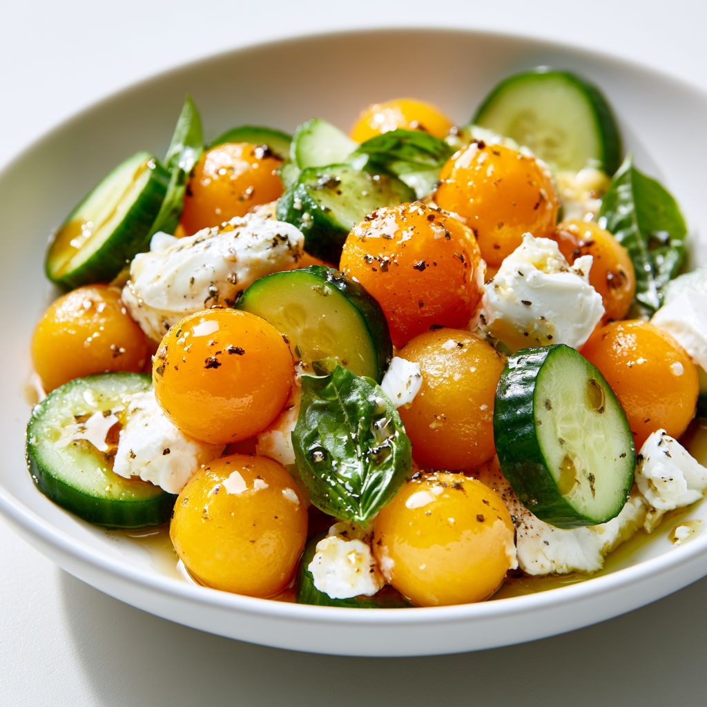 Salade d’été avec melon, fines tranches de concombre et Crottin de Chavignol.