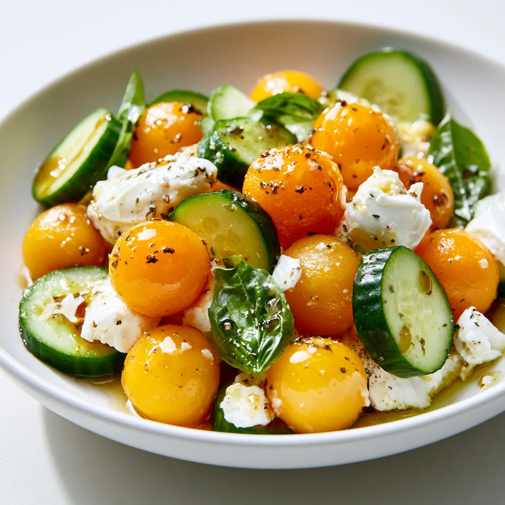Salade d’été avec melon, fines tranches de concombre et Crottin de Chavignol.