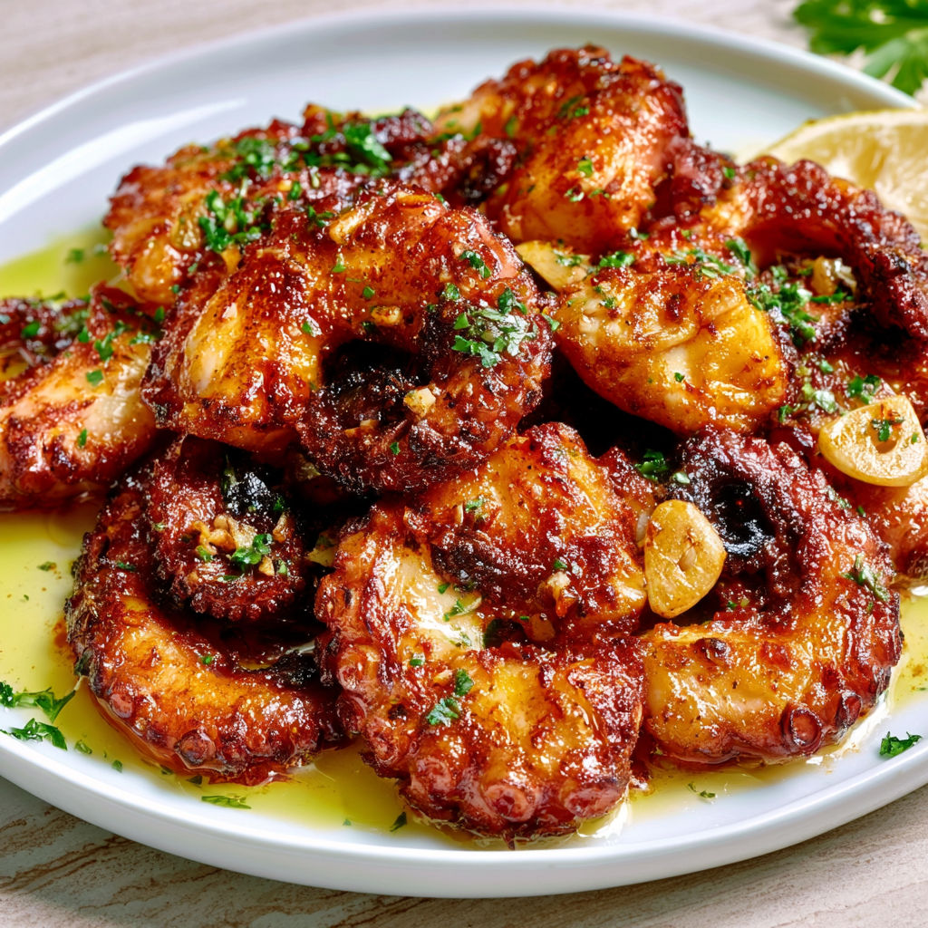 Poulpe grillé avec ail et épices, parfumé au citron et huile d’olive.