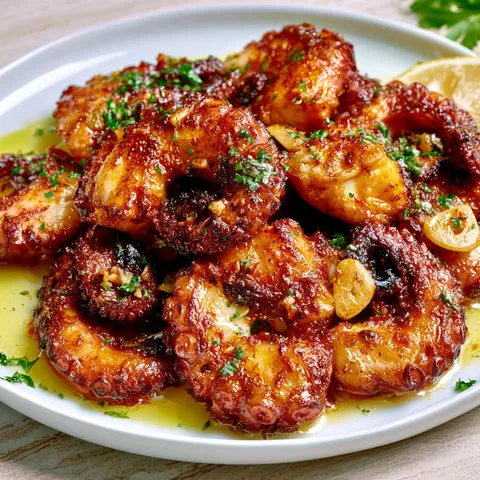 Poulpe grillé avec ail et épices, parfumé au citron et huile d’olive.