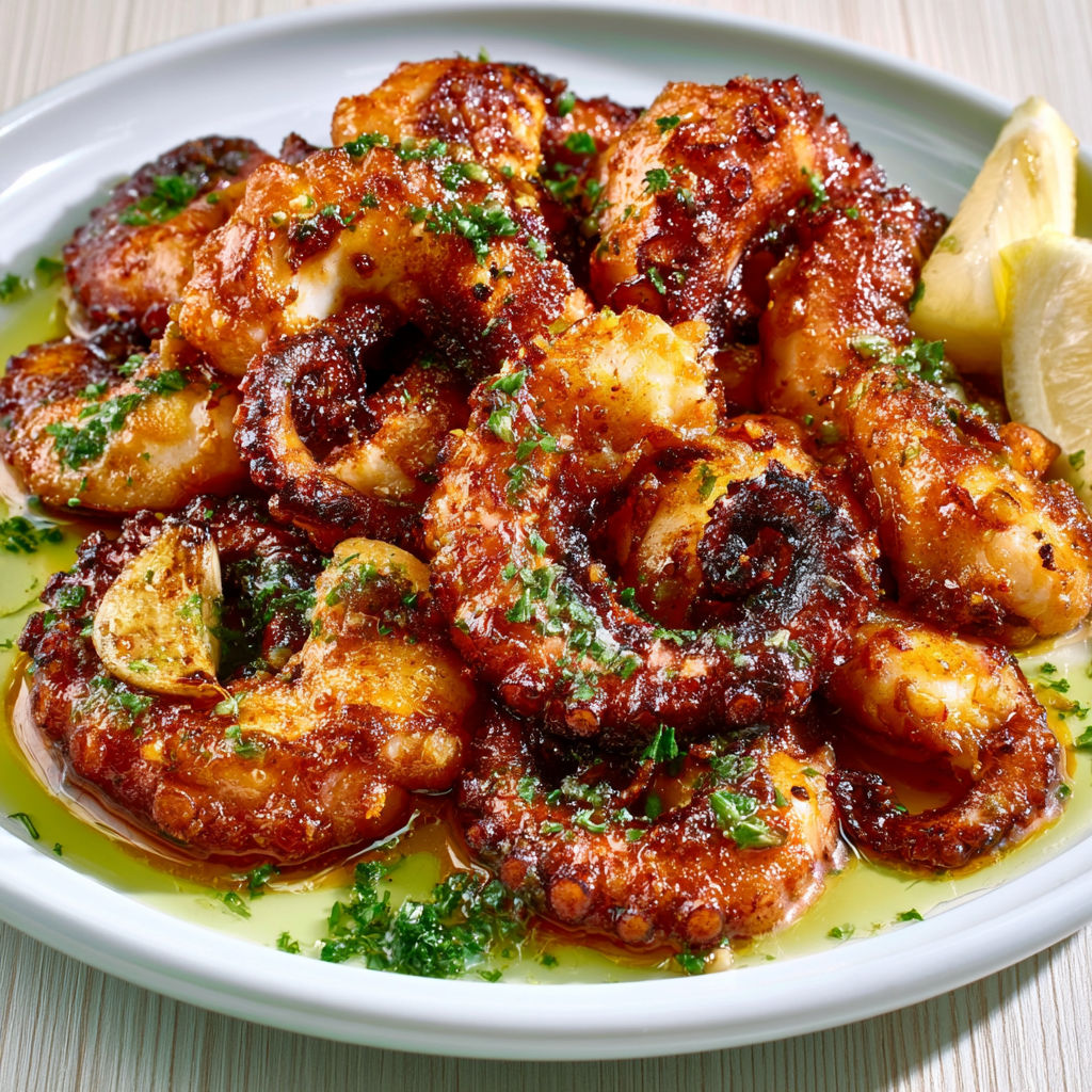 Morceaux de poulpe poêlés avec ail et épices, dorés au paprika fumé.
