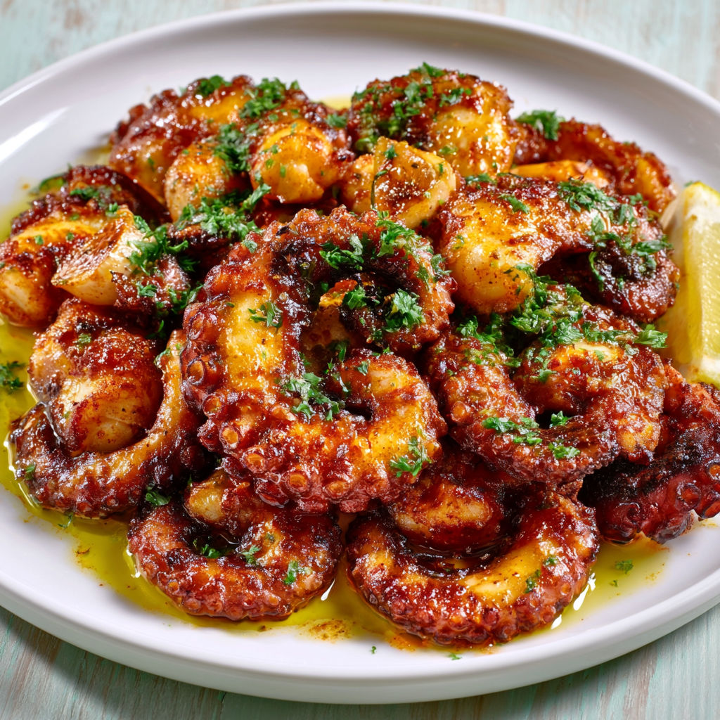 Tentacules de poulpe marinés à l’ail et paprika, grillés et citronnés.