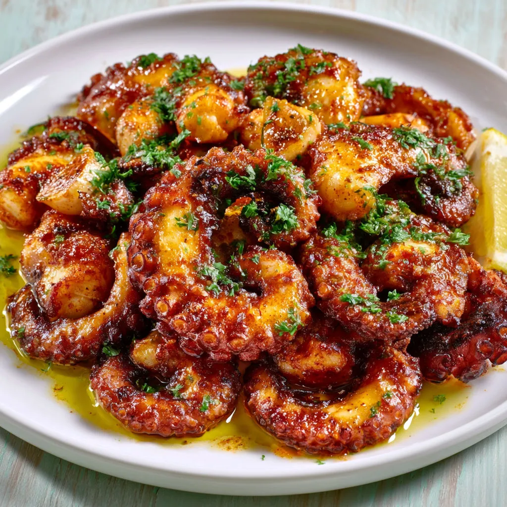 Tentacules de poulpe marinés à l’ail et paprika, grillés et citronnés.