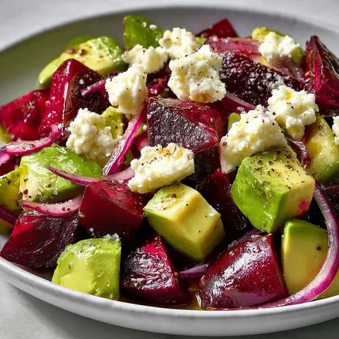 Salade colorée Betterave, Avocat et Feta, garnie de légumes croquants.