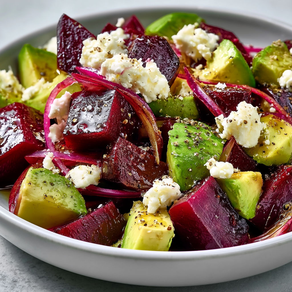 Salade Betterave Avocat Feta et Vinaigrette Noix.