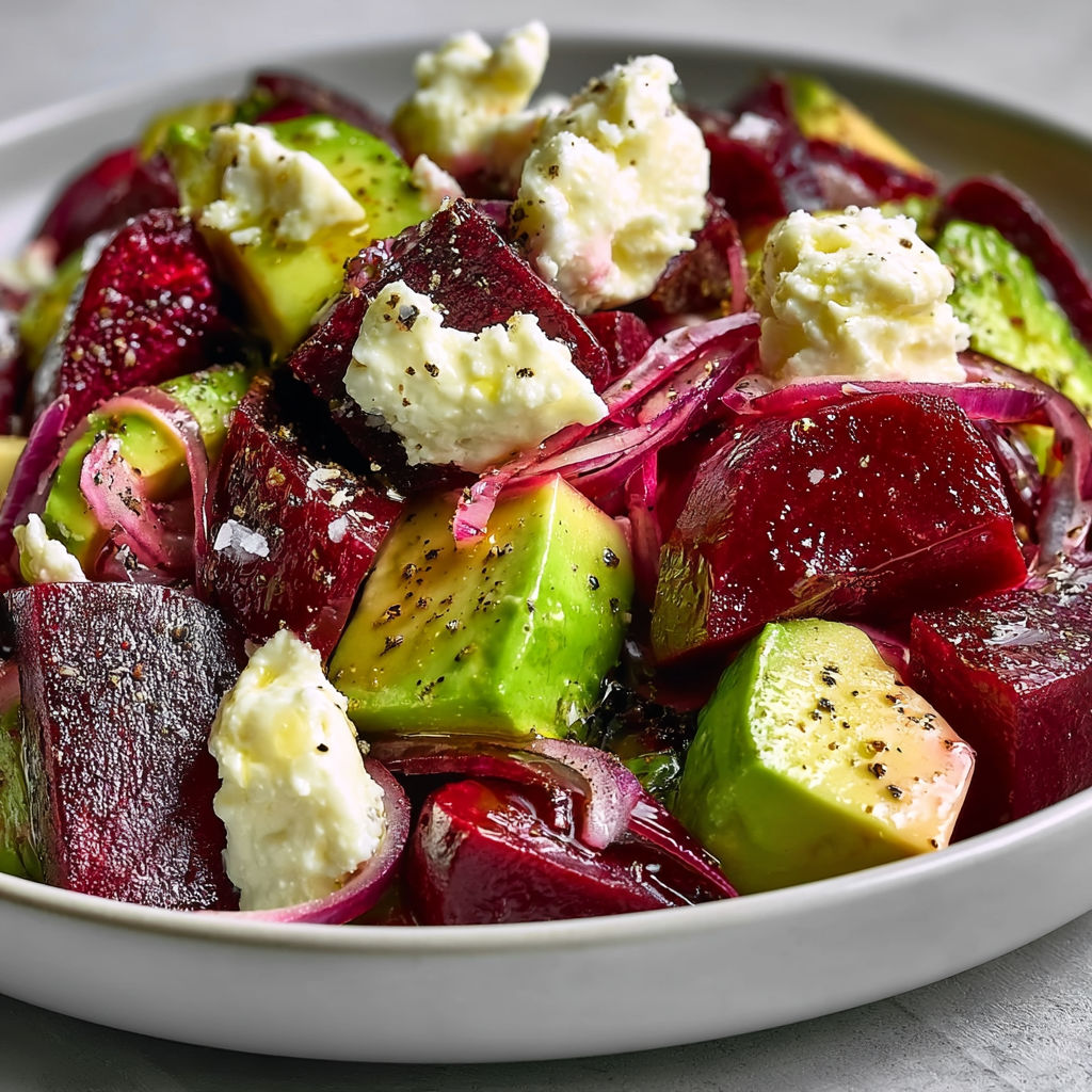 Salade Colorée Betterave Avocat Feta avec huile de noix.