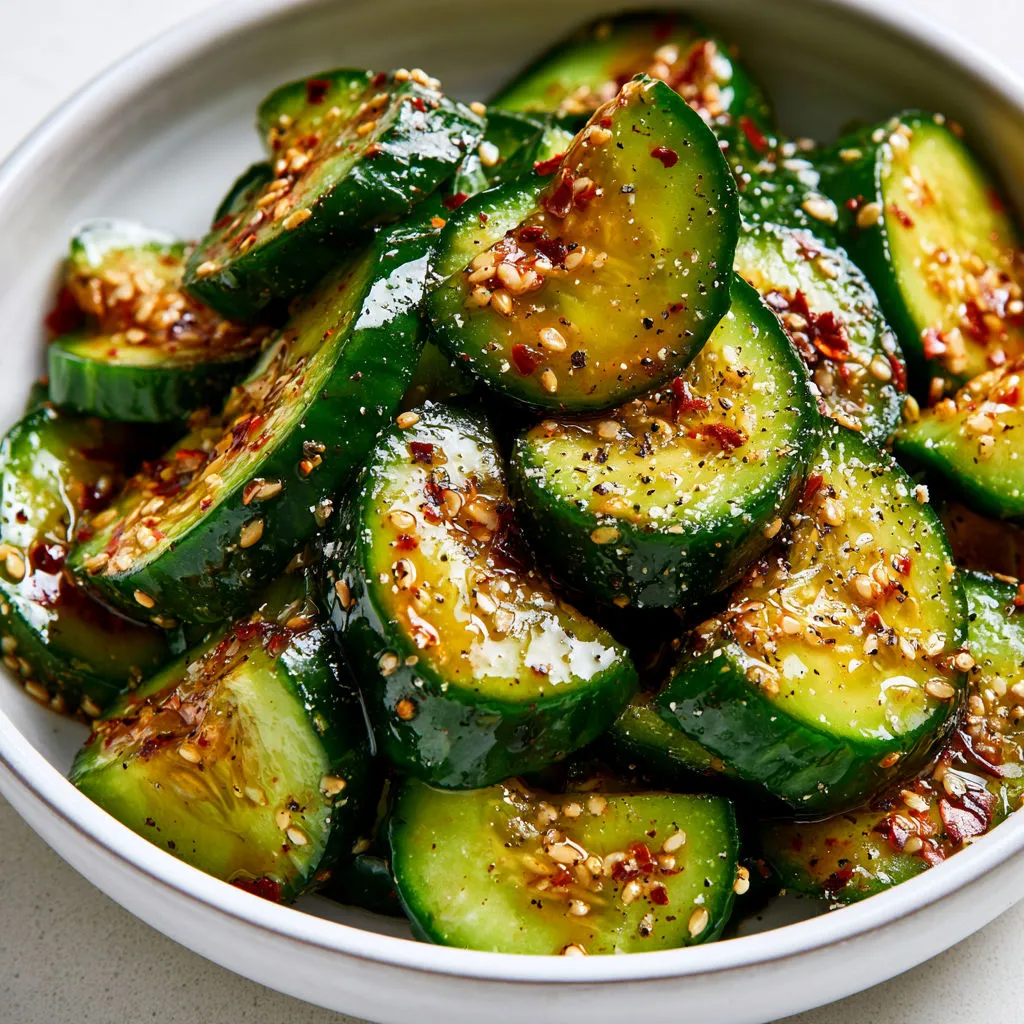 Un bol rempli de salade de concombre et graines de sésame.