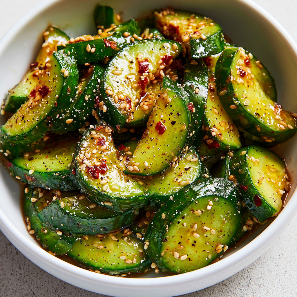 Concombre Croquant au Sésame, Vinaigre de Riz, Petit Piment.
