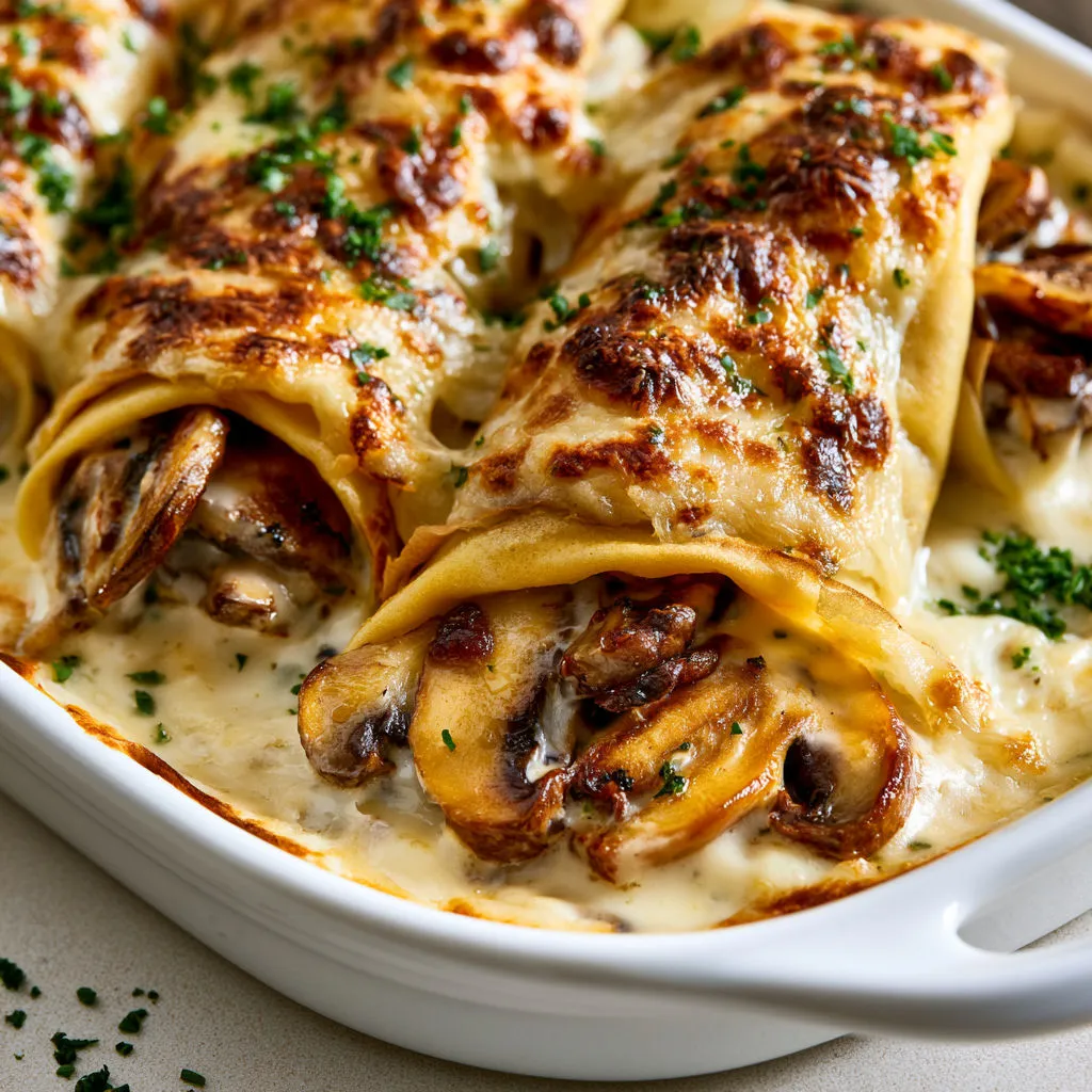 Crêpes salées aux champignons garnies de béchamel et prêtes à être dégustées.