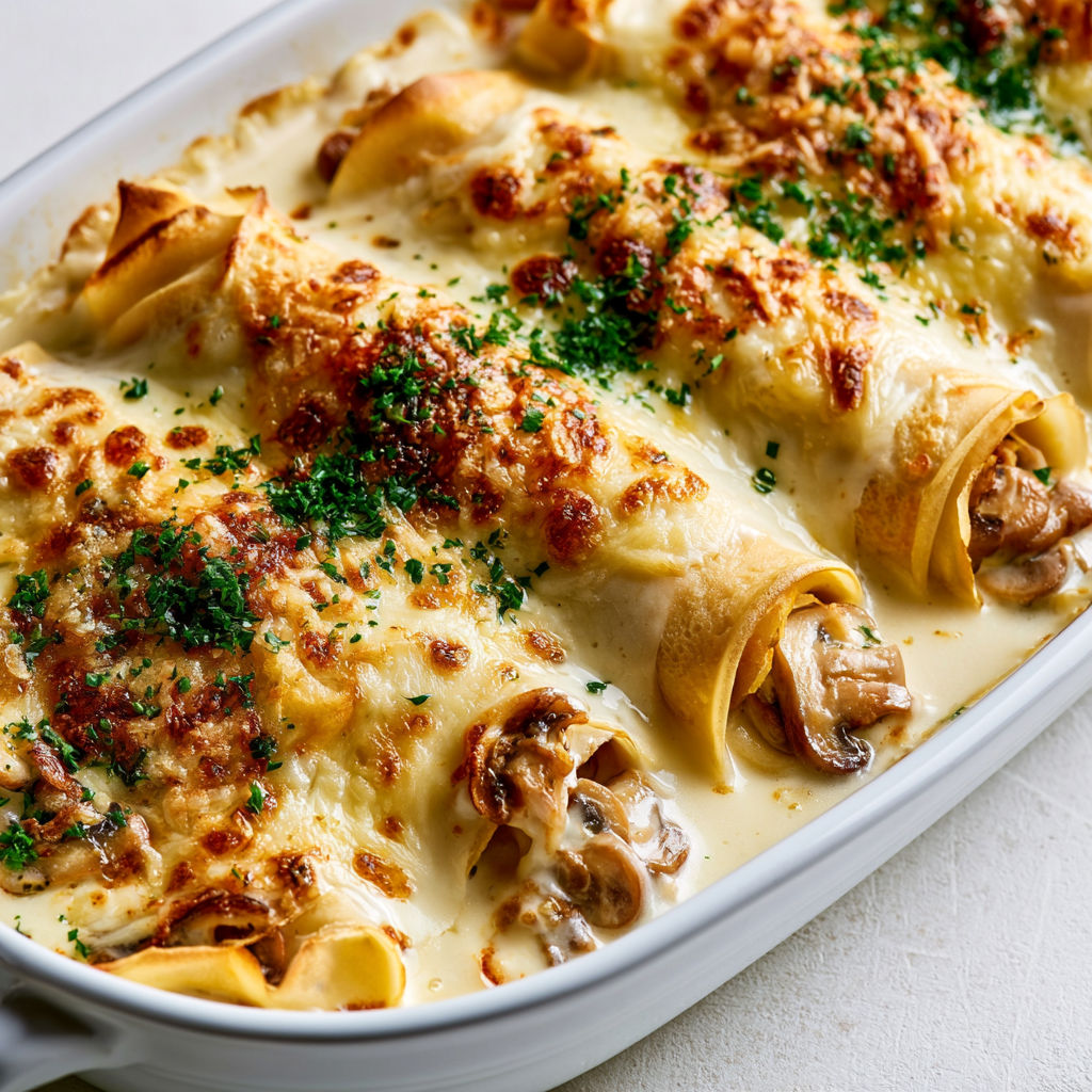 Crêpes Farcies aux Champignons, Sauce Béchamel & Emmental Fondant.
