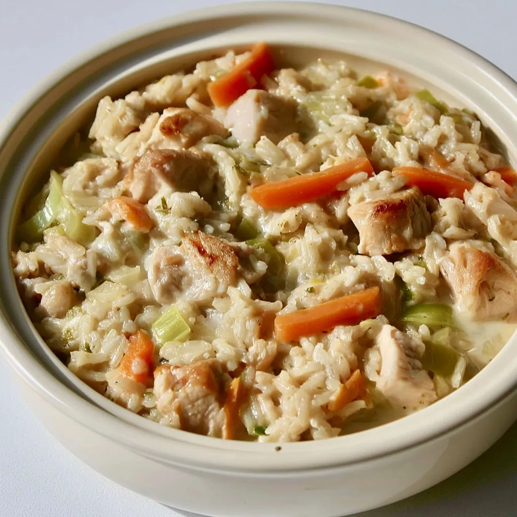 Un bol rempli de poulet au riz crémeux avec une touche de persil frais.