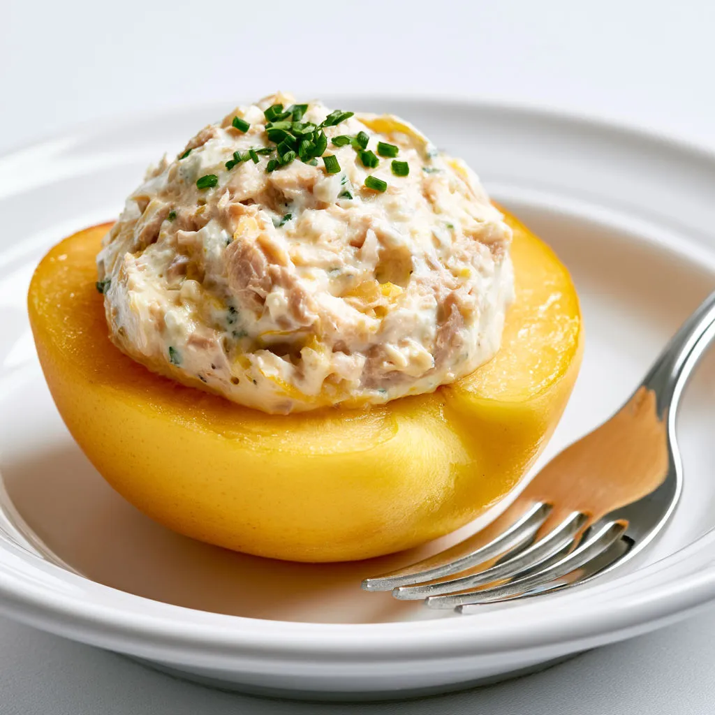 Pêches garnies de thon et crème onctueuse.