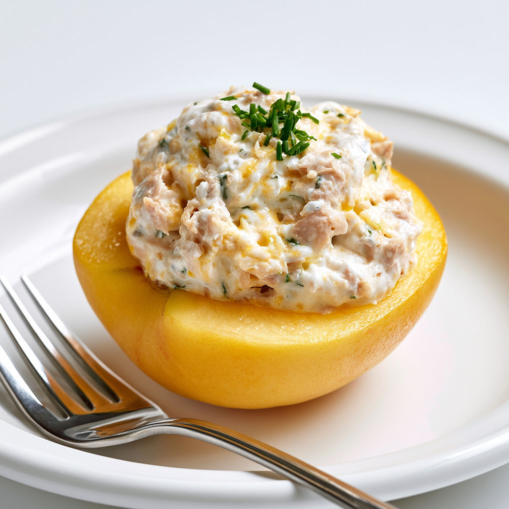 Demi-pêche garnie de thon et crème fraîche.