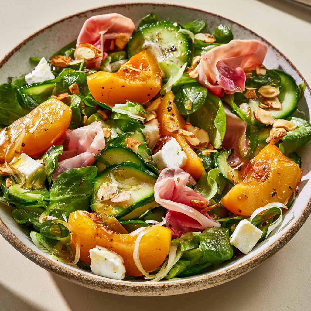 Salade colorée avec abricots et fromage feta, parfaite pour l’été.