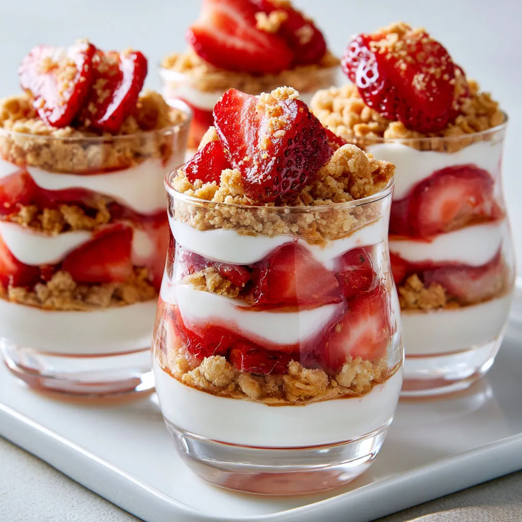 Verrines fraîches avec fraises et yaourt.