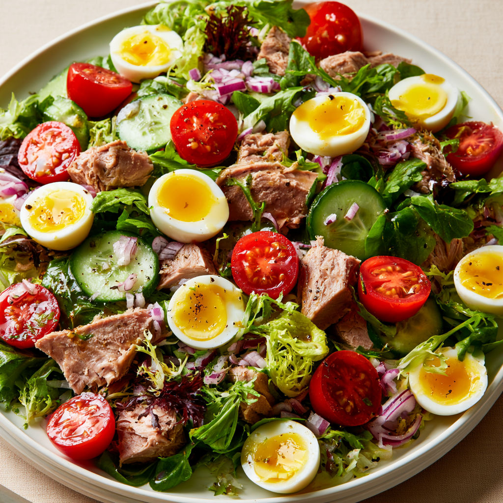Plat de thon et œufs de caille accompagnés de légumes.