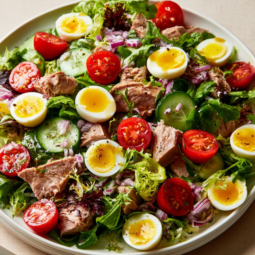 Plat de thon et œufs de caille accompagnés de légumes.