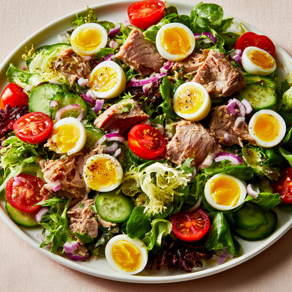 Salade Fraîche au Thon, Tomates Cerises et Oignon Rouge.