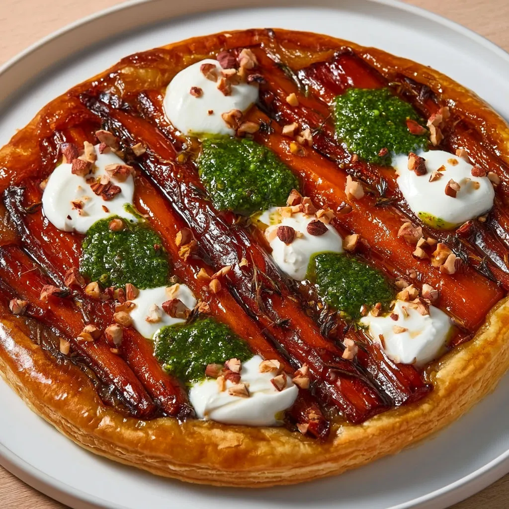 Une tarte délicieuse aux carottes, pesto et fromage servie sur une assiette.