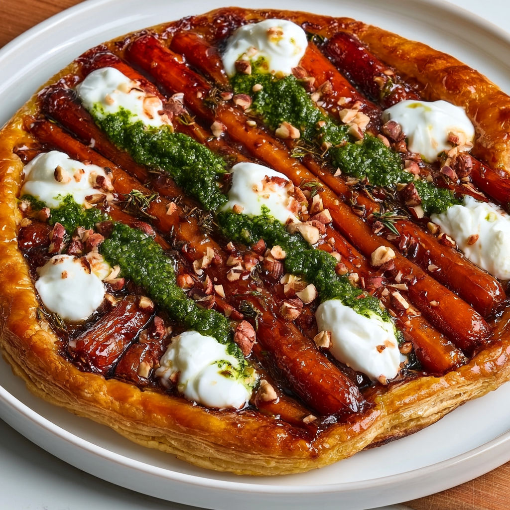 Tarte aux carottes rôties, pesto et stracciatella.