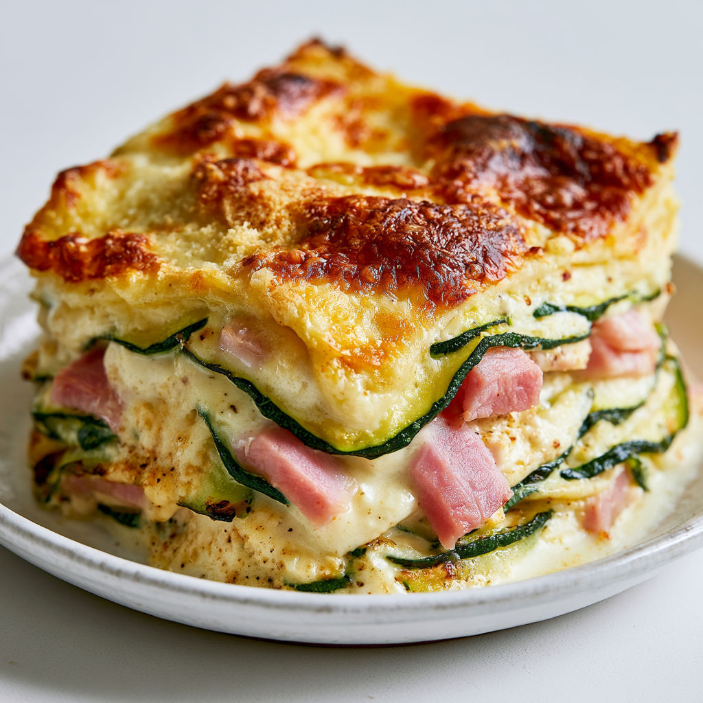 Plat gourmand de courgettes gratinées avec jambon.