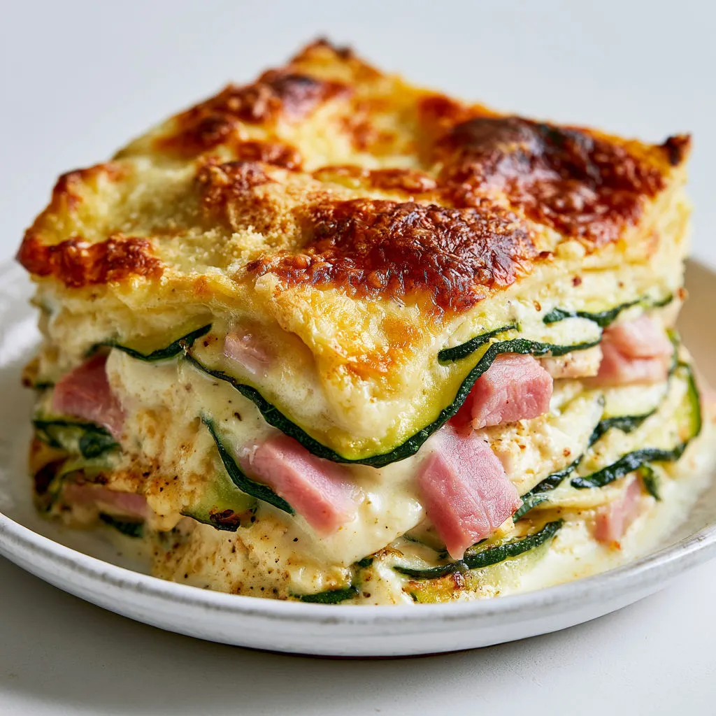 Plat gourmand de courgettes gratinées avec jambon.
