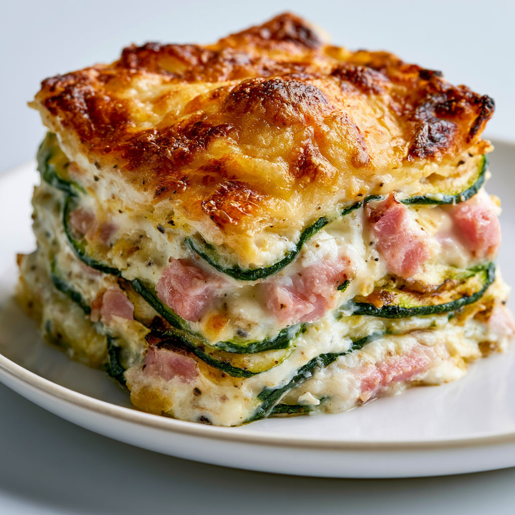 Lasagnes gratinées maison à la courgette et au jambon.