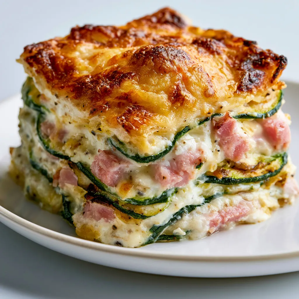 Lasagnes gratinées maison à la courgette et au jambon.