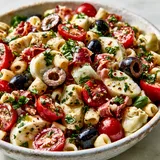 Un mélange coloré de pâtes, artichauts, jambon cru et mozzarella dans un bol.