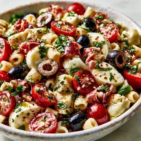 Un mélange coloré de pâtes, artichauts, jambon cru et mozzarella dans un bol.