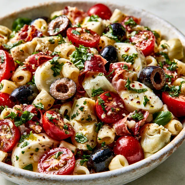 Un mélange coloré de pâtes, artichauts, jambon cru et mozzarella dans un bol.