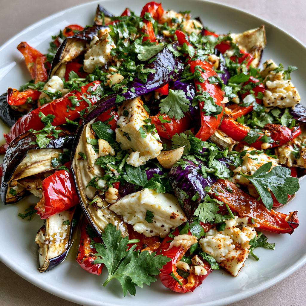 Salade gourmande d’aubergines rôties et fromage frais.