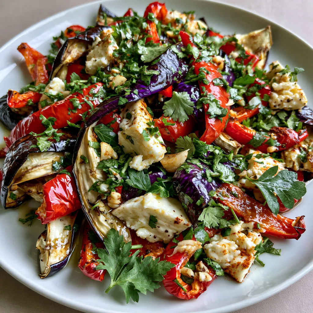 Salade gourmande d’aubergines rôties et fromage frais.