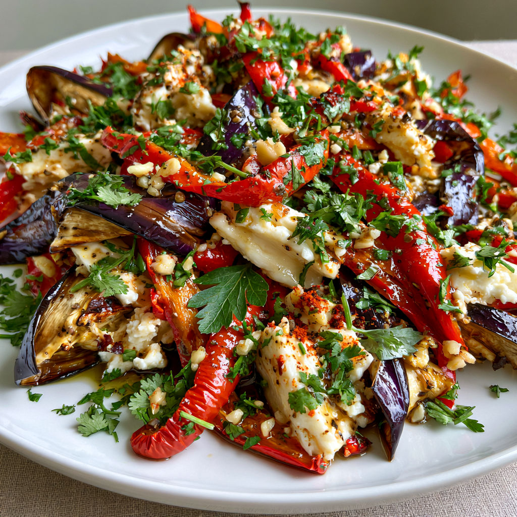 Salade traditionnelle d’aubergines et fromage fondant aux herbes.