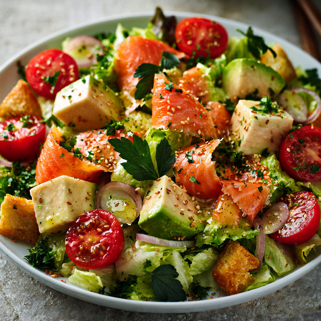 Une salade colorée avec saumon fumé, avocat et tomates fraîches.