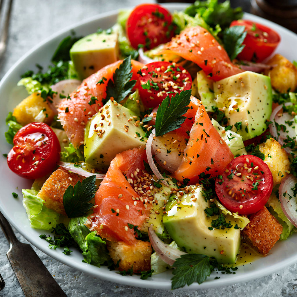Salade Fraîche au Saumon Fumé, Avocat et Tomates Cerises.