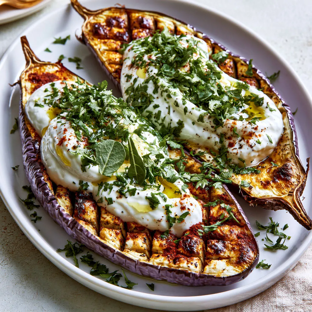 Une aubergine rôtie avec une sauce crémeuse en accompagnement.