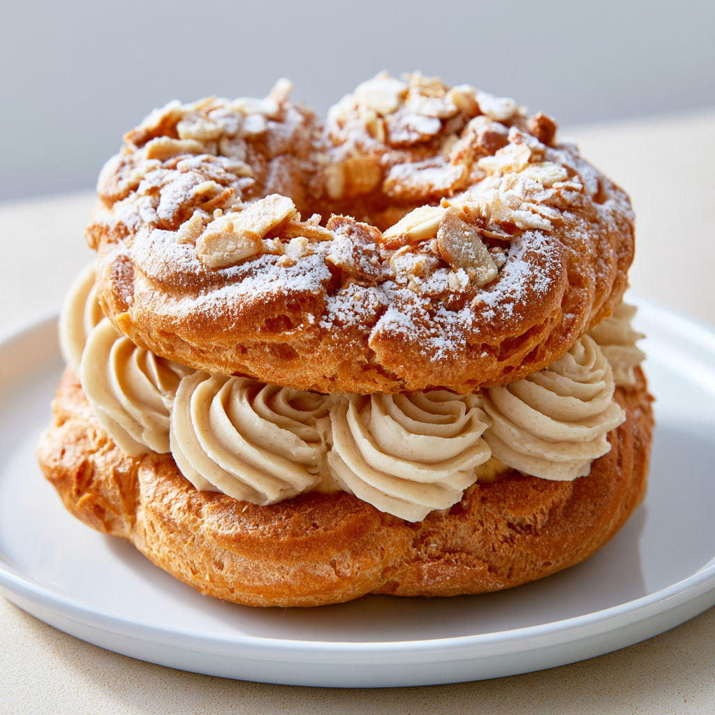 Un Paris-Brest à la crème pralinée, doré et appétissant.