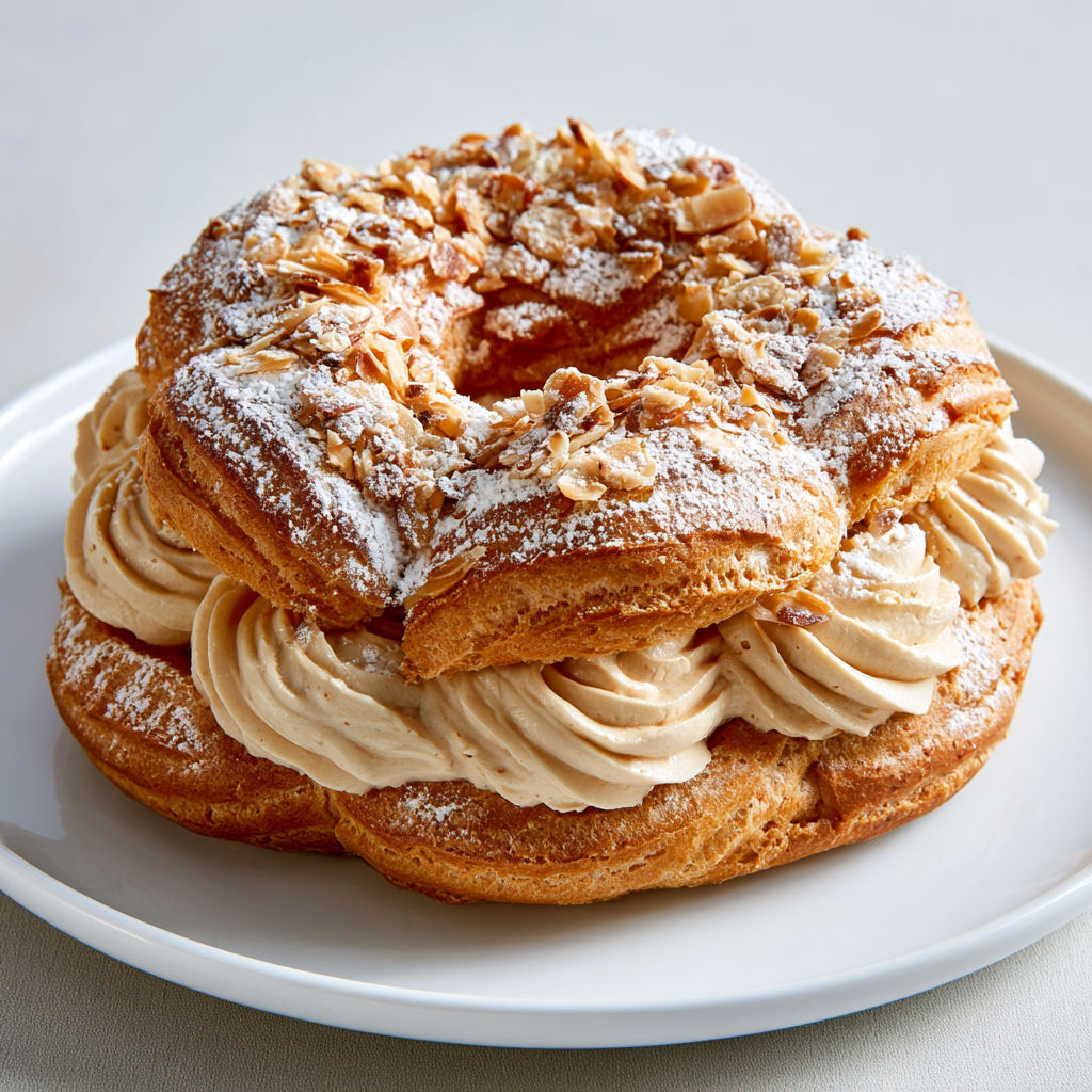 Paris-Brest ultra gourmand avec praliné et amandes fraîches.