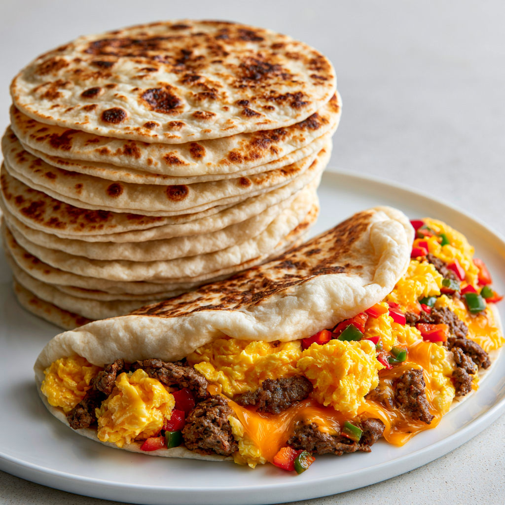 Des tortillas maison empilées sur un plateau, accompagnées de légumes et d'une sauce au fromage.