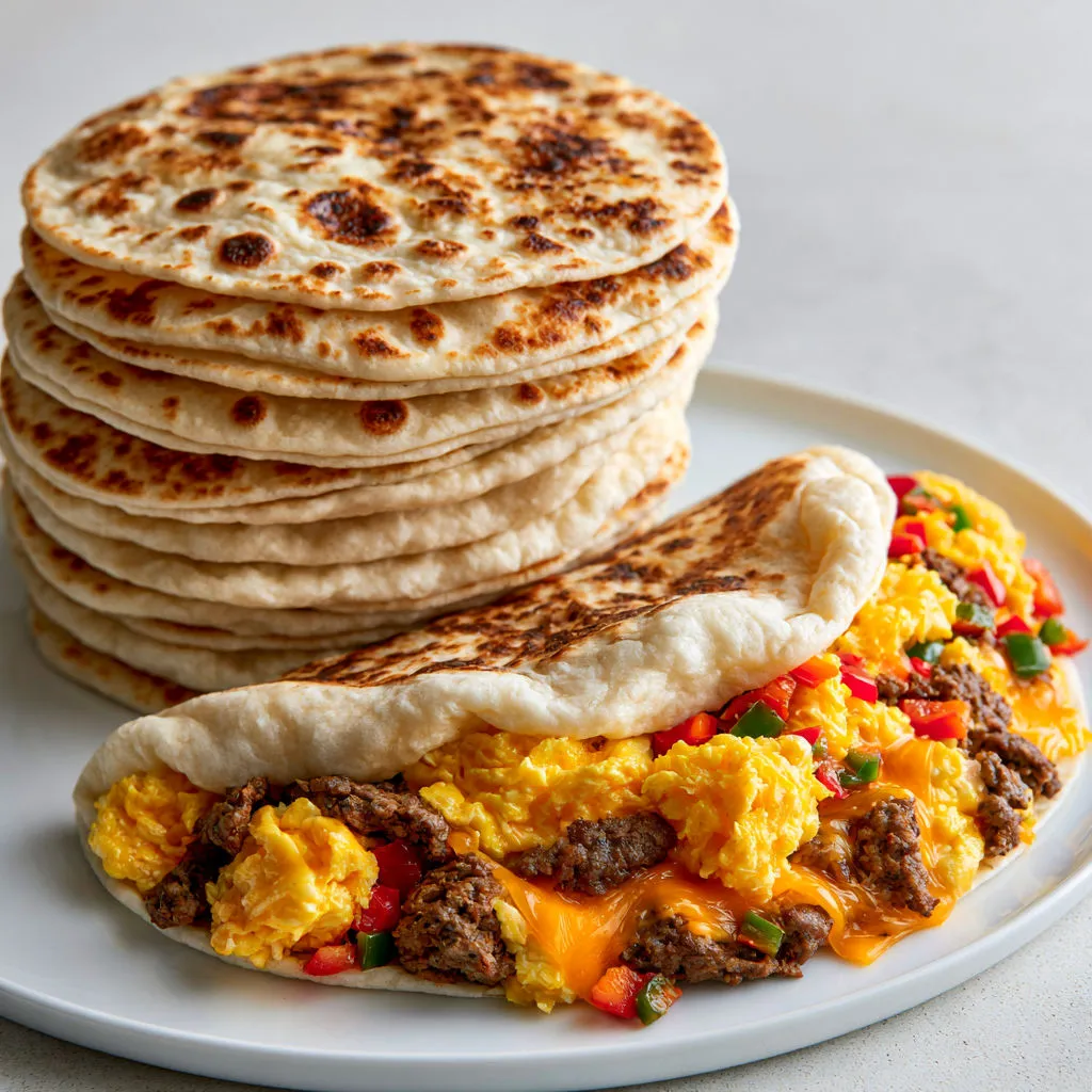 Des tortillas maison empilées sur un plateau, accompagnées de légumes et d'une sauce au fromage.
