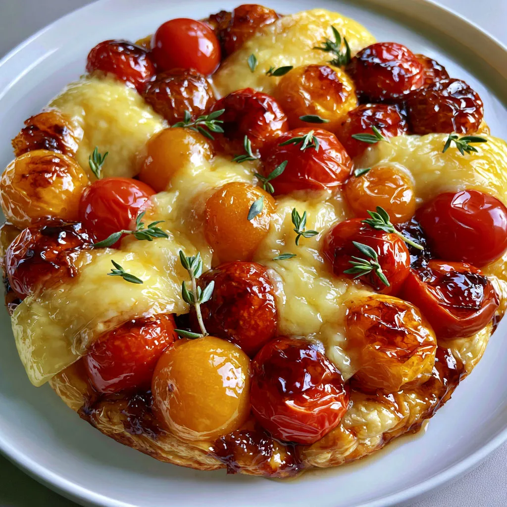 Tarte renversée aux tomates cerises et fromage fondant, garnie d'herbes fraîches.