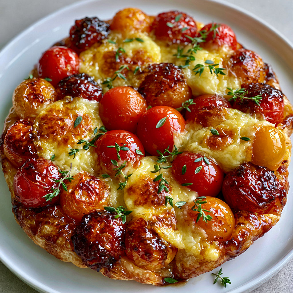 Tatin salée tomates cerises caramélisées et fromage.