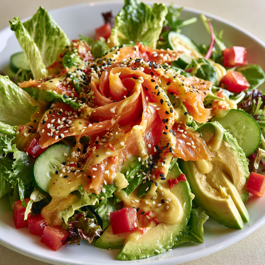 Un plat d'avocat et saumon fumé avec légumes croquants.